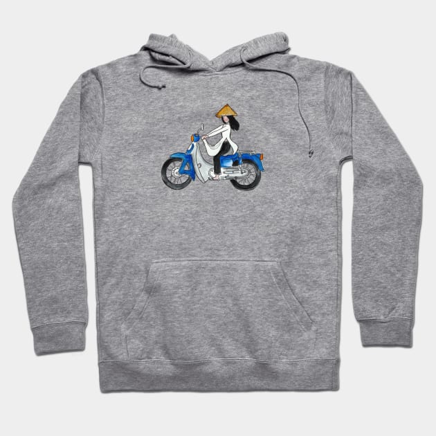 Vietnamese Girl driving her Honda Cub with a simple Water Color style Hoodie by phanconghoan